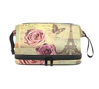 Bolsa de cosméticos de viaje multifuncional con asa, bolsa de cosméticos de viaje de gran capacidad, patrón de tarjetas postales vintage de París, Varios colores, 27x15x14 cm/10.6x5.9x5.5 in