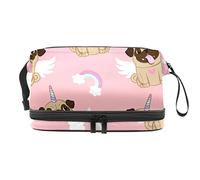 Bolsa de cosméticos de viaje multifuncional con asa, bolsa de cosméticos de viaje de gran capacidad, perro carlino unicornio, ángel, arco iris, rosa, Varios colores, 27x15x14 cm/10.6x5.9x5.5 in