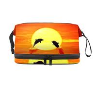 Bolsa de cosméticos de viaje multifuncional con asa, bolsa de cosméticos de viaje de gran capacidad, salto de atardecer de delfín, Varios colores, 27x15x14 cm/10.6x5.9x5.5 in