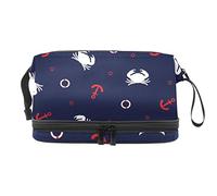 Bolsa de cosméticos de viaje multifuncional con asa, cangrejo blanco, ancla roja, fondo azul marino, bolsa de cosméticos de viaje de gran capacidad, Varios colores, 27x15x14 cm/10.6x5.9x5.5 in