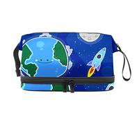 Bolsa de cosméticos de viaje multifuncional con asa, dibujos animados tierra con cohete, bolsa de cosméticos de viaje de gran capacidad, Varios colores, 27x15x14 cm/10.6x5.9x5.5 in