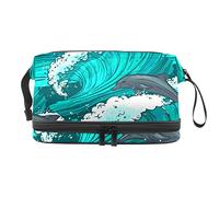 Bolsa de cosméticos de viaje multifuncional con asa, diseño de olas marinas azules de delfines y océanos, bolsa de cosméticos de viaje de gran capacidad, Varios colores, 27x15x14 cm/10.6x5.9x5.5 in