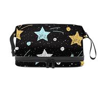 Bolsa de cosméticos de viaje multifuncional con asa, estrellas coloridas sobre fondo negro, bolsa de cosméticos de viaje de gran capacidad, Varios colores, 27x15x14 cm/10.6x5.9x5.5 in