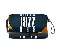 Bolsa de cosméticos de viaje multifuncional con asa, feliz día de jazz, saxofón, piano, violín, música, bolsa de cosméticos de viaje de gran capacidad, Varios colores, 27x15x14 cm/10.6x5.9x5.5 in