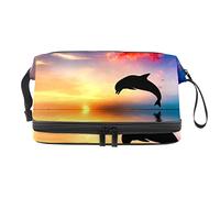 Bolsa de cosméticos de viaje multifuncional con asa, hermoso océano y atardecer, salto de delfín, bolsa de cosméticos de viaje de gran capacidad, Varios colores, 27x15x14 cm/10.6x5.9x5.5 in