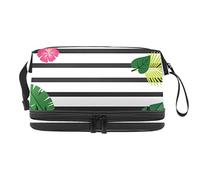 Bolsa de cosméticos de viaje multifuncional con asa, hojas florales tropicales de Rsoy a rayas negras, bolsa de cosméticos de viaje de gran capacidad, Varios colores, 27x15x14 cm/10.6x5.9x5.5 in
