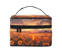 Bolsa de cosméticos de viaje para mujer, diseño de girasoles amarillos al atardecer, (9 x 6.5 x 6.2 pulgadas), bolsa de cosméticos portátil de gran capacidad, bolsa de cosméticos grande para niñas