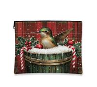 Bolsa de cosméticos festiva de colibrí, bolsa de maquillaje vintage para mujer, organizador portátil de lona pequeño, bolsa de aseo de Navidad de 7 x 9 pulgadas