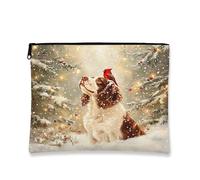 Bolsa de cosméticos festiva para perro, bolsa de maquillaje vintage de invierno con árboles cardenales y nevados, organizador de lona portátil para viajes de vacaciones, 7 x 9 pulgadas
