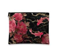 Bolsa de cosméticos floral, bolsa de maquillaje de verano con diseño de pez carpa roja y peonía para mujer, organizador de viaje portátil con cremallera pequeña, elección perfecta para festivales de