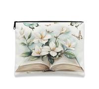 Bolsa de cosméticos floral vintage, diseño de libro de flores blancas, bolsa de viaje para mujer, elegante funda portátil de lona con cremallera, organizador de cuidado de la piel de primavera de 7 x
