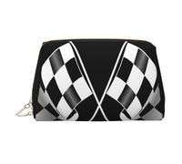 Bolsa de cosméticos grande con diseño de banderas a cuadros en blanco y negro, bolsa de almacenamiento portátil adecuada para viajes y viajes de negocios