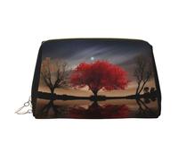 Bolsa de cosméticos grande con estampado de árbol rojo, lago y luna, bolsa de almacenamiento portátil adecuada para viajes y viajes de negocios