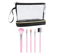Bolsa De Cosméticos Impermeable Transparente De 1 Pieza Y Brochas De Maquillaje Rosas De 5 Piezas, Bolsa De Cosméticos Portátil, Accesorios De Viaje, Bolsa De Cosméticos De Gran Capacidad
