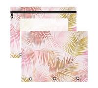 Bolsa de cosméticos multiusos con 3 agujeros para papel A4, carta, paquete de 2 unidades, suministros escolares, palmera tropical, hojas rosas y doradas