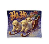 Bolsa de cosméticos navideña, diseño de trineo de cachorros dorados, bolsa de viaje para mujer, organizador portátil de lona con cremallera, bolsa de aseo navideña para el cuidado de la piel, Dorado