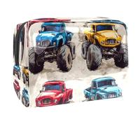 Bolsa de cosméticos para mujer, color azul, amarillo y rojo, con diseño de Monster Trucks, bolsa organizadora grande de PVC con cremallera, multicolor, 18.5x7.5x13cm/7.3x3x5.1in, Neceser