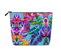 Bolsa de cosméticos para mujer con estampado de plantas tropicales de flores rosas, adecuada para almacenamiento diario, viajes y viajes de negocios.