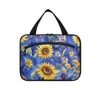 Bolsa de cosméticos para mujer con gancho para colgar al óleo con girasoles retro amarillos, accesorios de diseñador, bolsas de maquillaje para mujeres, viajes, trabajo, cartera para maquillaje, L