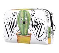 Bolsa de cosméticos para mujer, diseño de cactus con texto en inglés "Hello World", bolsa organizadora grande con cremallera, multicolor, 18.5x7.5x13cm/7.3x3x5.1in, Neceser