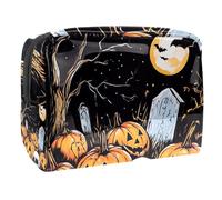 Bolsa de cosméticos para mujer, diseño de calabaza, tumbas, calaveras, árbol muerto, neceser de viaje, bolsa grande de PVC, organizador con cremallera, multicolor, 18.5x7.5x13cm/7.3x3x5.1in, Neceser