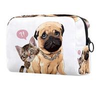 Bolsa de cosméticos para mujer, diseño de gato escondido detrás de un carlino y perro, bolsa organizadora grande con cremallera, multicolor, 18.5x7.5x13cm/7.3x3x5.1in, Neceser