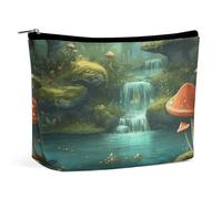Bolsa de cosméticos pequeña, elegante y espaciosa, con vista a un río con estanque, peces, hongos en la jungla, bolsas de maquillaje, bolsa portátil con cremallera, bolsa para lápiz labial, bolsa de a