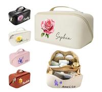 Bolsa de cosméticos personalizada con flores de nacimiento, bolsa de maquillaje de viaje para mujer, bolsa de aseo de piel sintética, bolsa portátil de apertura ancha con divisor y asa, regalo de boda