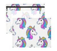 Bolsa de cosméticos resistente con 3 anillas para carpeta de 3 anillos, paquete de 2 unidades de dibujos animados para profesores de regreso a clases, lindos unicornios arcoíris blancos