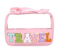 Bolsa de Cosméticos Viaje Preppy Clear Travel Makeup Bags with Chenille Letter Stuff Patches Large Clear Make Up Bag Zipper Pouch with Handle(Color:Travel)