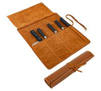 Bolsa de Cuchillos Cuero Genuino Full-Grano para Cocina, Estuche Profesional Chef, 5 Compartimentos,17" x 14" Rollo Marrón Claro Almacenamiento Seguro Cuchillo Adecuada Chefs y Aficionados(Sólo Bolsa)