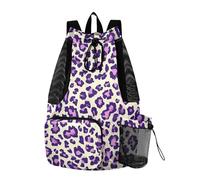 Bolsa de cuerda con cordón morado leopardo con bolsillo para botella de agua, separación en seco y húmedo