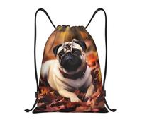 Bolsa De Cuerdas Perro Pug con Follaje Otoñal Saco De Gimnasio Cómodo Impermeable Deporte Mochila, para Estudiantes, De Senderismo, Acampada, 36x42cm