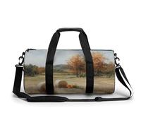 Bolsa de deporte cilíndrica con correa para el hombro, diseño de paisaje otoñal, campos de heno, árboles y calabazas, para viajes, gimnasio, para mujeres y hombres