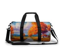 Bolsa de deporte cilíndrica con diseño de paisaje otoñal con casa y árbol de naranjo para mujeres y hombres, bolsa de deporte con correa para el hombro