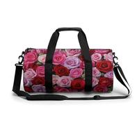 Bolsa de deporte cilíndrica con diseño de pared de rosas rojas y rosas, con correa para el hombro, ideal para el gimnasio, para mujeres y hombres