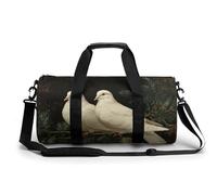 Bolsa de deporte cilíndrica con dos palomas blancas posadas en ramas de hoja perenne con correa para el hombro para mujeres y hombres