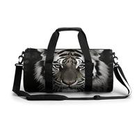 Bolsa de deporte cilíndrica, tela Oxford impermeable con correa ajustable para el hombro, bolsa deportiva con múltiples compartimentos para gimnasio, viajes, yoga, ligera y duradera, Tigre blanco y