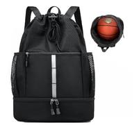 Bolsa de deporte con cordón, bolsa de baloncesto para hombre y mujer, mochila deportiva de malla con compartimento para mojado y compartimento para zapatos, bolsa ligera para playa y natación (Black)