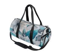 Bolsa de deporte redonda ligera con bolsillo interior, bolsa de gimnasio para hombres y mujeres, bolsa de lona para viajes, deportes, un primer plano de hojas florales grises y verde azulado sobre