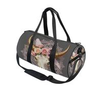 Bolsa de deporte redonda ligera con bolsillo interior, bolsa de gimnasio para hombres y mujeres, bolsa de lona para viajes, deportes, mini calavera de vaca, rubor, estampado de flores, lindo toro