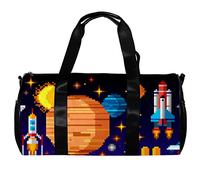 Bolsa de deporte redonda para gimnasio con correa de hombro desmontable, iconos espaciales, composición en píxeles, estilo artístico, bolsa de entrenamiento para mujeres y hombres, multicolor, 45x23x23cm/17.7x9x9in