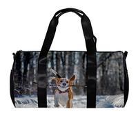 Bolsa de deporte redonda para gimnasio con correa de hombro desmontable, perro beagle, corre y juega en el bosque de invierno, bolsa de entrenamiento para mujeres y hombres, multicolor, 45x23x23cm/17.7x9x9in