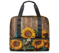 Bolsa de deporte retro de madera con girasoles florales para mujeres y hombres, bolsa de viaje con compartimento para zapatos, bolsa de entrenamiento de gran capacidad para fitness, yoga, natación