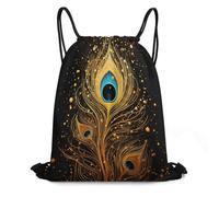 Bolsa De Deportebolsas con Cordón para Almacenamiento Hombres Playa 36X42Cm Ajustable Fácil De Doblar Bolsa De Gimnasio Diseño De Plumas De Pavo Real En Oro