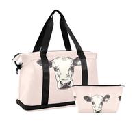 Bolsa de entrenamiento con diseño de vaca blanca con diseño de dibujos animados para fin de semana con correa ajustable para gimnasio, juego de 2 piezas, Linda vaca blanca de dibujos animados, 1 size