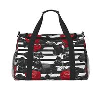 Bolsa de equipaje de viaje, plegable, impermeable, ligera, con correa para el hombro, diseño de rosas rojas y negras