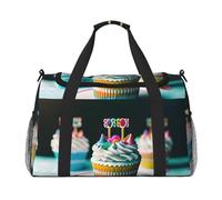 Bolsa de equipaje de viaje plegable, impermeable, ligera, con estampado de pasteles de feliz cumpleaños, con correa para el hombro