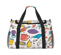 Bolsa de equipaje de viaje plegable impermeable ligera con estampado de plumas coloridas dibujadas a mano sobre blanco con correa para el hombro