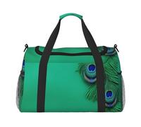 Bolsa de equipaje de viaje, plegable, impermeable, ligera, con estampado de plumas de pavo real verde, con correa para el hombro
